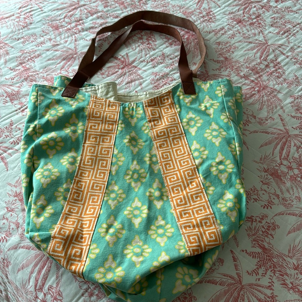 ROSANNA BAG DESIGNED IN THE USA ORANGE FRET LEATHER HANDLES TURQUOISE Beach Tote